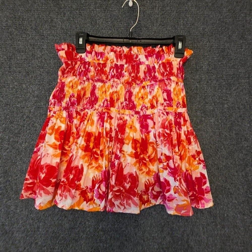 Entro Skirt Womens Small Orange Floral Ruffle Chiffon Mini Smocked Waist Lined